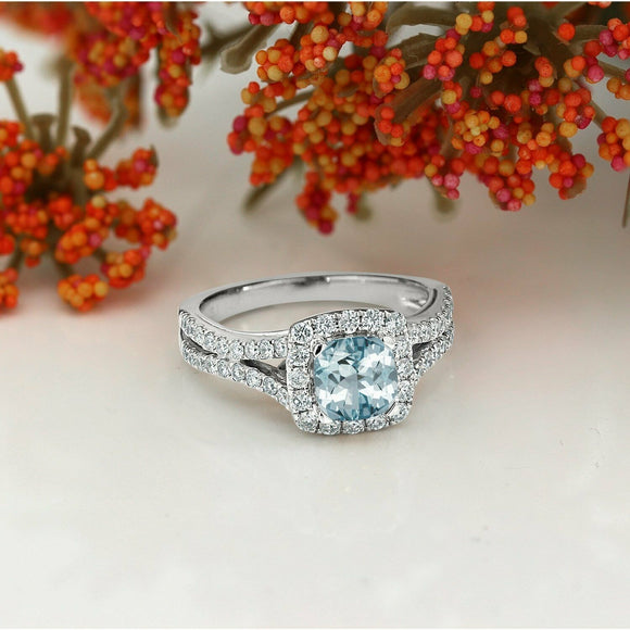 2.3Ct Cushion Cut Blue Aquamarine Split Band Engagement Ring 14K White Gold Over