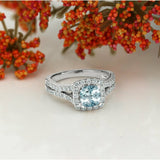 2.3Ct Cushion Cut Blue Aquamarine Split Band Engagement Ring 14K White Gold Over