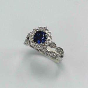 2.3ct Cushion Cut Blue Sapphire Engagement Ring Bridal Set 14k White Gold Finish