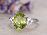 2ct Oval Cut Green Peridot Engagement Ring Accents Solitaire 14k White Gold Over