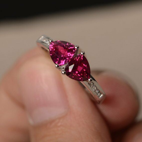 2ct Trillion Cut Pink Ruby Two Stone Promise Engagement Ring 14k White Gold Over