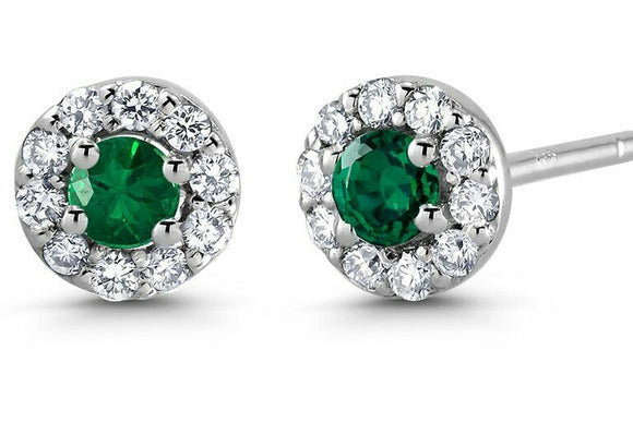 0.47ct Round Cut Green Emerald Halo Diamond Stud Earrings 14k White Gold Finish