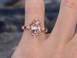 1.3ct Oval Cut Morganite Engagement Ring Halo Unique Art Deco 14k Rose Gold Over