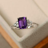 1.5ct Emerald Cut Purple Amethyst Solitaire Round Accent Ring 14k WhiteGold Over