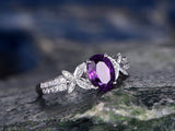 2.3Ct Oval Cut Purple Amethyst Leaf Accent Engagement Ring 14K White Gold Finish