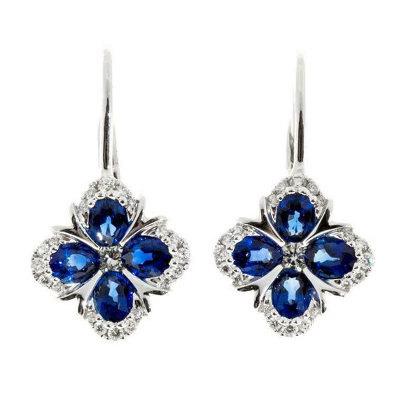 2ct Oval Cut Blue Sapphire Halo Flower Drop Earrings Women 14k White Gold Finish