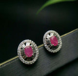 2ct Stud Earrings Oval Cut Pink Ruby Stylish Halo 14k White Gold Finish