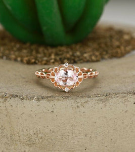 1ct Oval Cut Peach Morganite Engagement Ring 14k Rose Gold Over Floral Solitaire