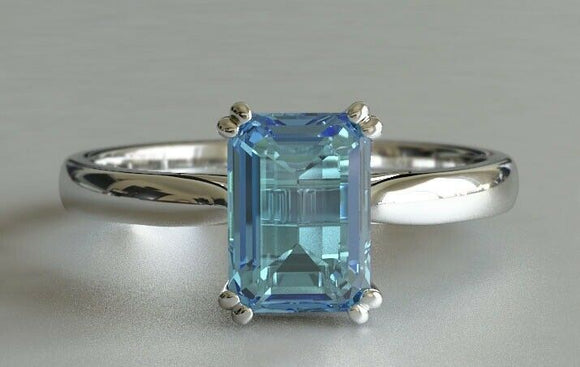 1.6ct Emerald Cut Blue Aquamarine Engagement Ring Solitaire 14k WhiteGold Finish