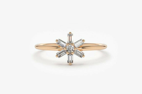 1.2ct Engagement Ring Baguette Cut Diamond Star Art Deco 14k Rose Gold Finish