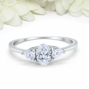 1ct Oval Cut Diamond Engagement Ring Heart Accents Trilogy 14k White Gold Finish