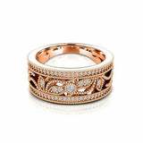 Filigree Milgrain Wide Leaf Wedding Band 1ct Round Cut Diamond 14k RoseGold Over