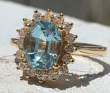 4ct Engagement Ring Oval Cut Blue Aquamarine Diamond Halo 14k Yellow Gold Finish