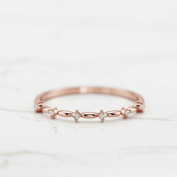 Minimalist Thin Promise Wedding Band 0.15ct Round Cut Diamond 14k Rose Gold Over