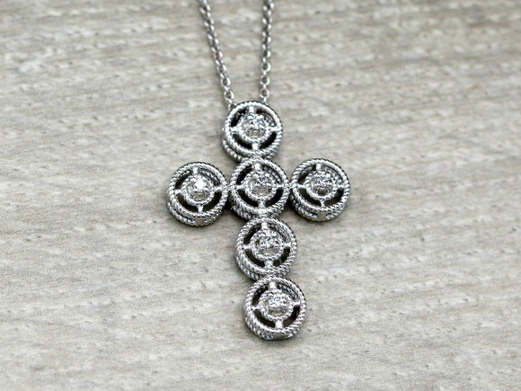 1ct Round Cut VVS1D Diamond Pendant with Chain Braided Cross 14k White Gold Over