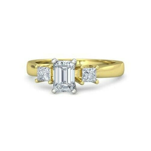 3Ct Emerald Cut Diamond Princess Accents Three Stone Ring 14K Yellow Gold Finish