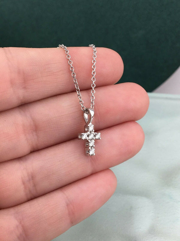 0.5ct Round Cut Diamond Mini Christ Cross Pendant with Chain 14k White Gold Over