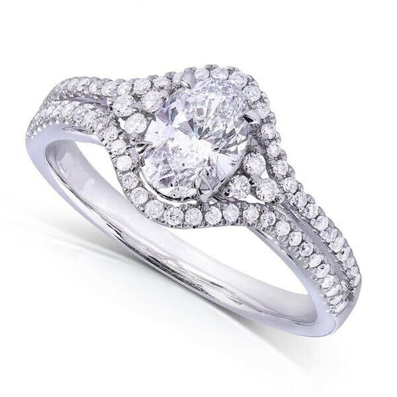 4Ct Oval Cut Diamond Halo Solitaire Accented Engagement Ring 14K White Gold Over