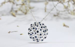 1.6ct Round Cut Blue Sapphire Pendant Chain Floral Design 14k White Gold Finish