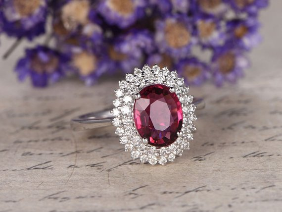 3ct Oval Cut Pink Ruby Engagement Ring Diamond Double Halo 14k White Gold Finish