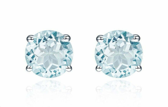 1ct Round Cut Blue Aquamarine Solitaire Women Stud Earrings 14k WhiteGold Finish