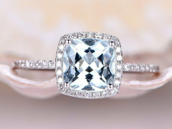 1.4ct Cushion Cut Blue Aquamarine Halo Engagement Ring 14k White Gold Finish