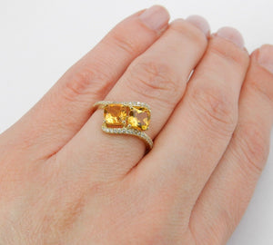 3ct Cushion Cut Yellow Citrine Two Stone Engagement Ring 14k Yellow Gold Finish