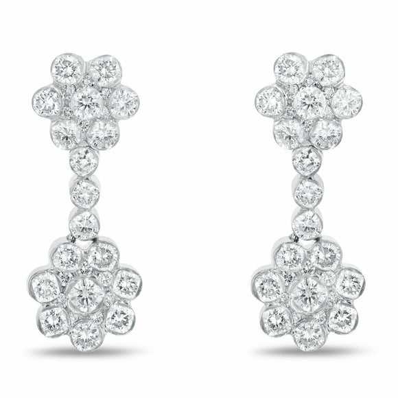 4ct Drop Earrings Round Cut Diamond Floral Dangling Design 14k White Gold Finish