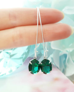 2ct Oval Cut Green Emerald Solitaire Long Drop Earrings 14k White Gold Finish