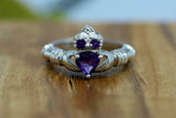 1.2ct Heart Cut Purple Amethyst Engagement Ring Claddagh 14k White Gold Finish