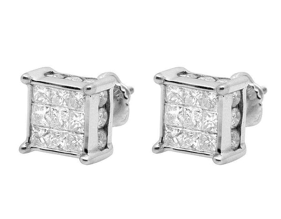 2ct Princess Cut VVS1 Diamond 3D Cube Design Stud Earrings 14k White Gold Finish