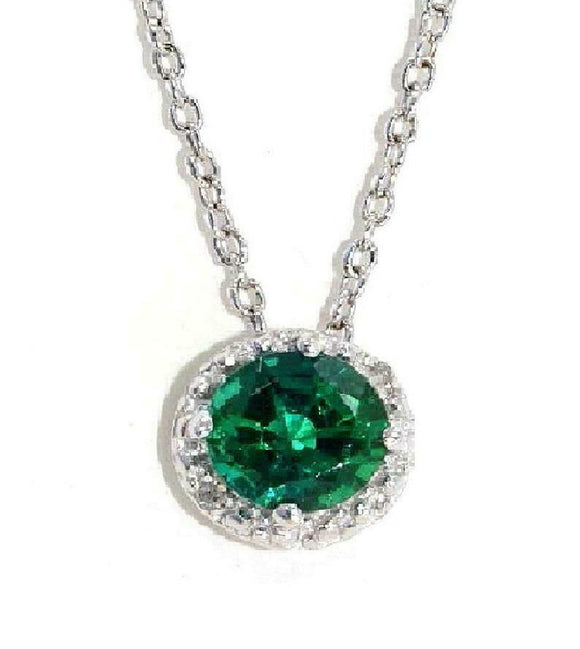 1ct Green Emerald Pendant With Chain Oval Cut Diamond Halo 14k WhiteGold Finish