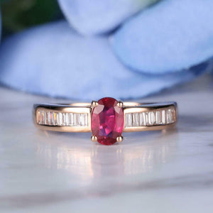 2ct Oval Pink Ruby Baguette Diamond Accents Engagement Ring 14k Yellow Gold Over