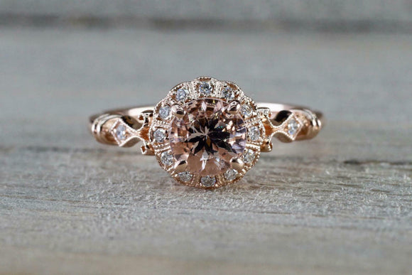 2ct Round Cut Peach Morganite Engagement Ring Halo Vintage 14k Rose Gold Finish