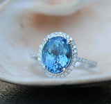 2.25ct Oval Cut Blue Aquamarine Halo Engagement Ring 14k White Gold Finish