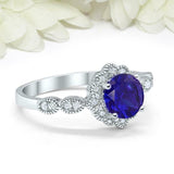 2ct Round Blue Sapphire Engagement Ring Vintage Halo Art Deco 14k WhiteGold Over