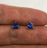 1ct Trillion Cut Blue Tanzanite Solitaire Stud Earrings 14k White Gold Finish