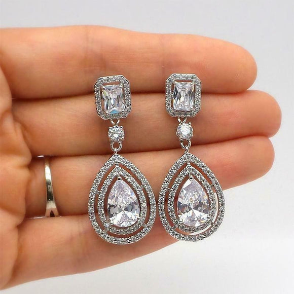 6Ct Pear Cut VVS1/D Diamond Dual Halo Tear Drop Earrings 14K White Gold Finish