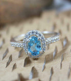 2ct Engagement Ring Oval Cut Blue Topaz Diamond Halo 14k White Gold Finish