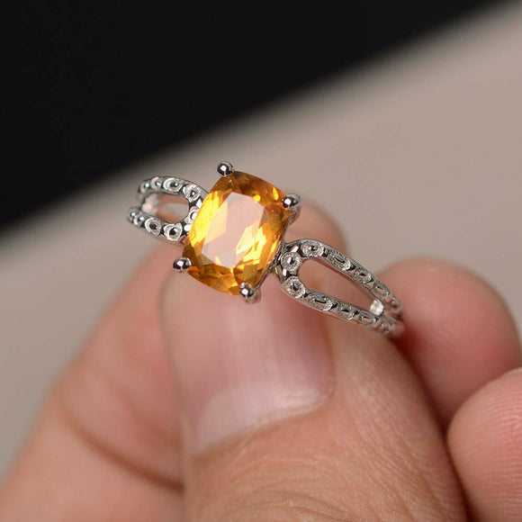 0.6ct Cushion Cut Yellow Citrine Engagement Ring 14k White Gold Finish Solitaire