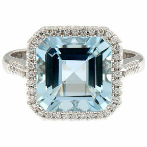 2Ct Asscher Cut Blue Aquamarine Elegant Halo Engagement Ring 14K White Gold Over