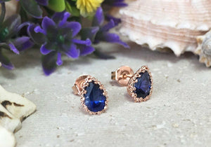 1ct Pear Cut Blue Sapphire Crown Teardrop Stud Earrings 14k Rose Gold Finish