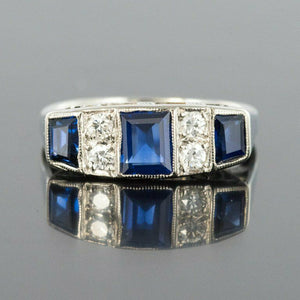 1.69ct Emerald Cut Blue Sapphire Engagement Ring Art Deco 14k White Gold Finish