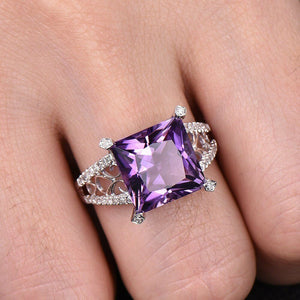 2Ct Princess Purple Amethyst Filigree Band Engagement Ring 14K White Gold Finish