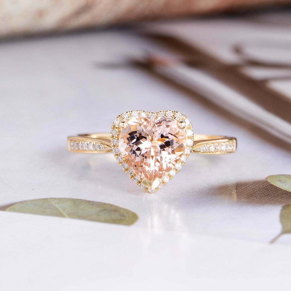 2ct Heart Cut Morganite Engagement Ring Halo Diamond Accents 14k YellowGold Over