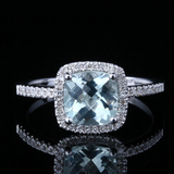 1.4ct Cushion Cut Blue Aquamarine Halo Engagement Ring 18k White Gold Finish