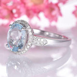 2.5ct Oval Cut Blue Aquamarine Halo Ring 14k White Gold Finish with Round Accent