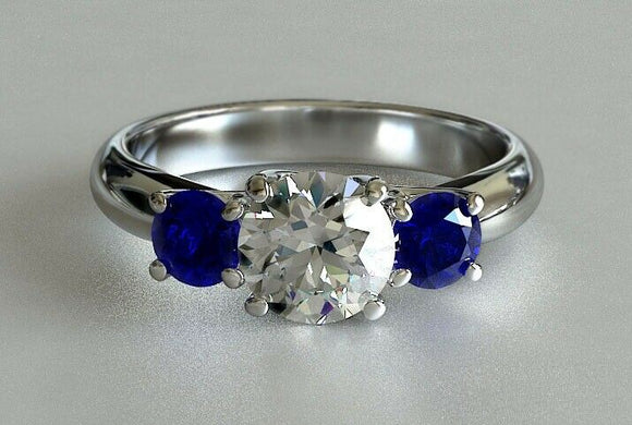 1.6ct Round Cut Diamond Engagement Ring Blue Sapphire Accent 14k White Gold Over