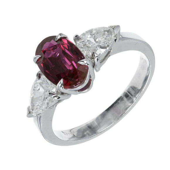 2ct Oval Cut Pink Ruby Engagement Ring Trilogy Pear Accent 14k White Gold Finish