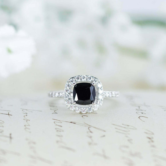 1.6ct Cushion Black Diamond Engagement Ring Halo Solitaire 14k White Gold Finish